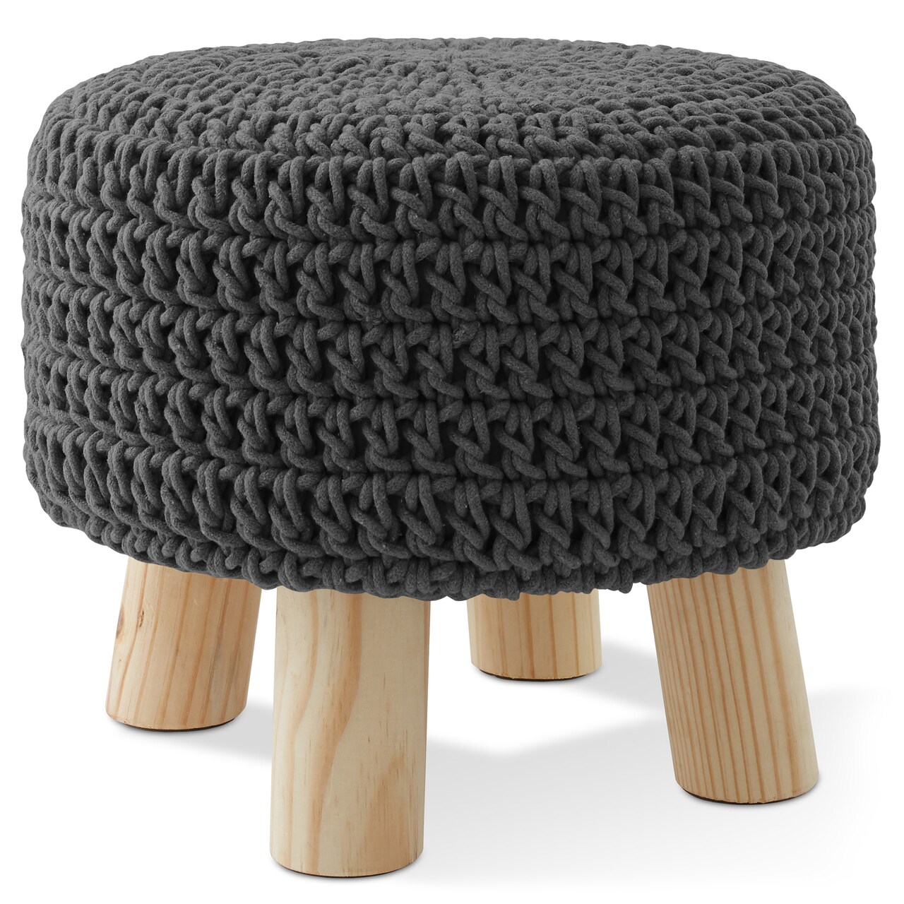 Pouf Ottoman Footstool, 13" Round x 11" High, Hand-Knitted Cotton Footrest, Non-Skid Wood Legs, Boho Foot Stool for Living Room, Bedroom